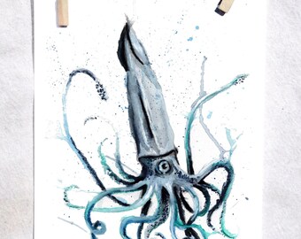 Squid Art Print | Coastal Navy Blue Nautical Decor
