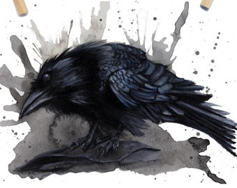 Gotische raafkunstafdruk | Zwarte vogelposter Halloween