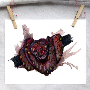 May include: A watercolour painting of a red and yellow snake with black eyes, curled up in a defensive position. The snake is painted in a realistic style, with details of its scales and markings visible. The background is a soft watercolour wash of brown and grey.