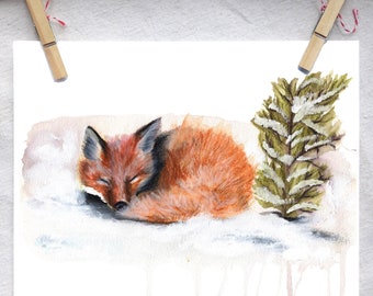 水彩画風の眠るキツネのプリント | 森の動物のウォールアート