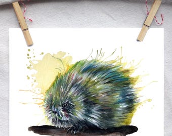 Stampa artistica di un acquerello giallo raffigurante un porcospino.