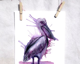 Pintura de pelícano en acuarela / Lámina artística de aves costeras