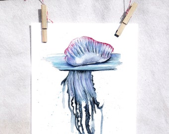 Portuguese Man O' War Art Print | Ocean Animal Watercolor Painting