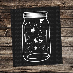 May include: A black and white illustration of a mason jar with fireflies flying inside. The fireflies are drawn with simple lines and dots.