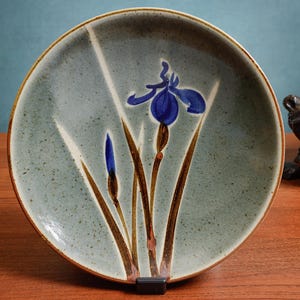 May include: A round ceramic plate with a speckled light gray-green glaze. The center features a hand-painted design of a vibrant blue iris flower with a closed bud and long, slender brown stems and leaves extending toward the plate rim.