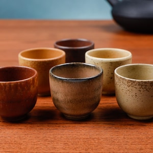 May include: A collection of six small, handcrafted ceramic tea cups in varying earth-tone colors. The cups are arranged on a wooden surface, showcasing their unique textures and finishes. The cups are ideal for serving tea.