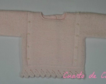 Pattern for 3-piece set of sweater, hat and boots for 1-month-old baby with bodoques border and spiked ruffle