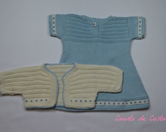 Pattern for a dress, jacket and booties set for a 3-month-old girl.