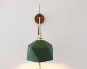 Wall lamp in copper and wood with green paper origami lampshade and brass lampholder. Adjustable lamp, VERTICAL