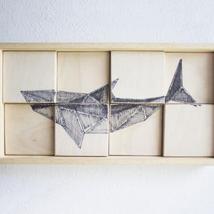 SHARK. Wood painting geometric draw. Wood hanging art. Mosaic panel 3D wall art. Wall decor Home decor. Gift painting
