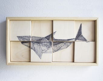 SHARK. Wood painting geometric draw. Wood hanging art. Mosaic panel 3D wall art. Wall decor Home decor. Gift painting