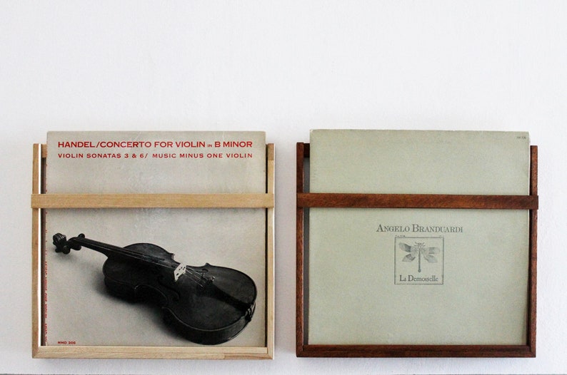 May include: Two vinyl record albums displayed in wooden frames. The album on the left features a black and white image of a violin. The album on the right features a light green cover with the text "ANGELO BRANDUARDi" and "La Demoselle".