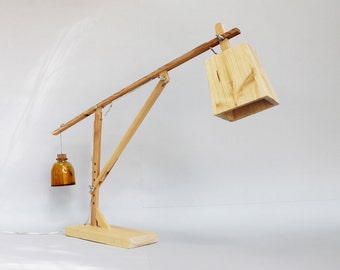 Handmade Table lamp in wood and glass. Wooden desk lamp. Articulated Lamp. Reading lamp. Wood light. Design lamp. Bedside lamp. MOD.GRU