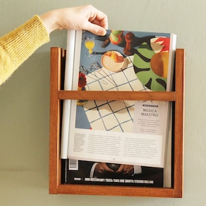 Wood wall mounted magazine rack. Mid century magazine holder. Wall bookshelf. Newspaper holder. AGNESE