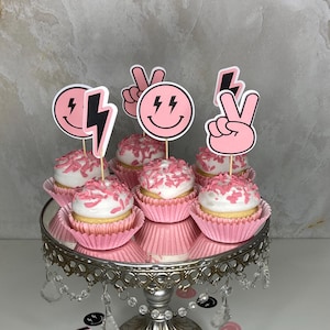 Pink Happy Face 1st Birthday Cupcake Toppers, Peace Signs, Bolts