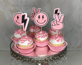 Pink Happy Face 1st Birthday Cupcake Toppers, Peace Signs, Bolts