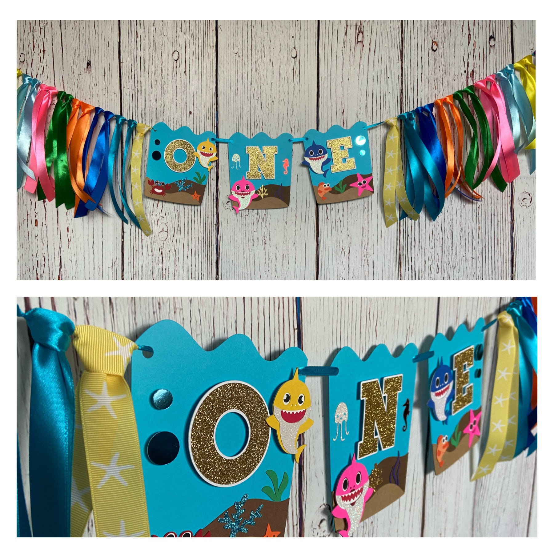 Shark High Chair Banner Photo Prop Party Decor 1st Birthday Pink Blue Yellow Green Light Blue Background