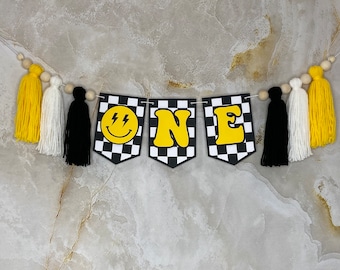 One Happy Dude High Chair Banner: Yellow 1st Birthday Decor