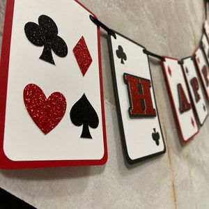 Happy Birthday Poker Party Banner, Party Decor, Photo Prop, Playing Cards, Red, Black, White, Hearts, Spades, Diamonds, Clubs