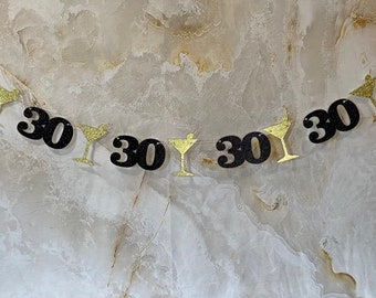 30th Birthday Banner: Black & Gold Glitter Martini Party Decor