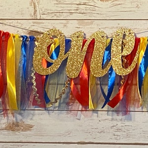 Oneder Woman High Chair Skirt Banner, Photo Prop, Party Decor,Red, Blue, Gold & Yellow Birthday, Superhero, Made to Order