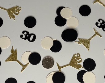 30th Birthday Confetti: Black, Gold Glitter Martini Scatter