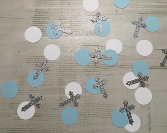 Baptism Table Confetti, Cross, Photo Prop, Party Decor, Baby Blue, White & Silver, Birthday, Table Decor, Christening, First Communion