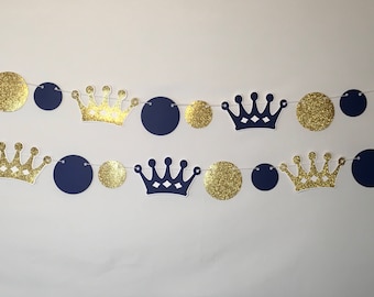Royal Prince Party Banner, Garland, Photo Prop, Party Decor, Royal Navy Blue & Gold Crowns, Birthday, Baby Shower