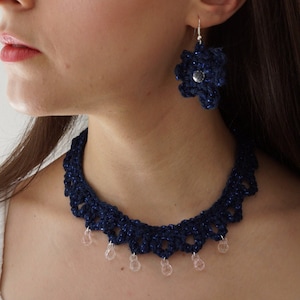 Women&#39;s Statement Crochet Sparkle Dark Blue Beaded Necklace & Drop Earring Set