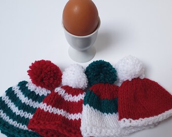 Hand-Knitted Christmas Egg Cosies with Pom Pom - Set of 4