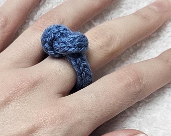 Women's One Size Stretch Hand Knitted Knotted Statement Textile Rope Ring in Various Colours