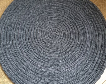 Hand-Knitted Charcoal Grey Chunky Textured Swirl Circular Small Mat/Rug, Minimalist Home Décor, Modern Boho Style.