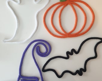 Knitted Wire Halloween Decor Set: Handmade Pumpkin, Ghost, Bat, Witch Hat