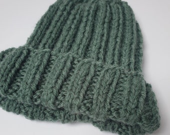 Boys 3-5 Years Jungle Green Hand-Knitted Acrylic Washable Stretch Ribbed Beanie Hat