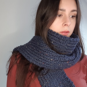Unisex Dark Blue Neutral Speckled Chunky Acrylic Knit Extra Soft Minimalist Scarf