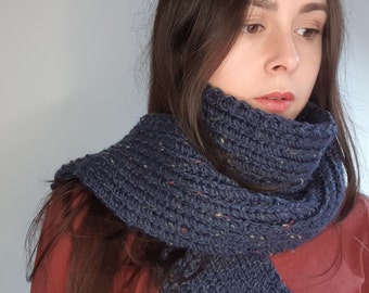 Unisex Dark Blue Neutral Speckled Chunky Acrylic Knit Extra Soft Minimalist Scarf