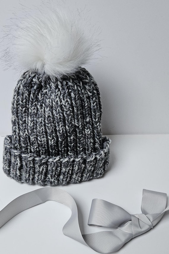 Gray and White Knit Pom-Pom Beanie Pom Pom Beanie Hat | Grey - Ethically Made Fashion by Mulxiply main image 3