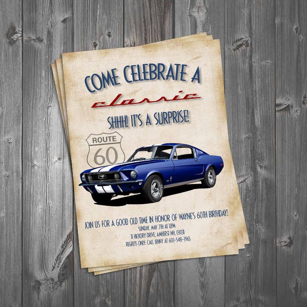 Come Celebrate a Classic 5x7 Birthday Invitation, Classic Car, Surprise Party, 60th Birthday, Vintage Theme