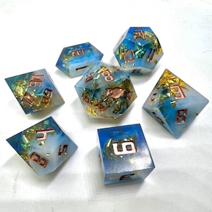 Royal Blue Gold Sparkly Handmade Full Polyhedral Dice Set DnD Dungeons and Dragons Rpg Owl Gaming Sharpe Corners Tabletop Free Shipping