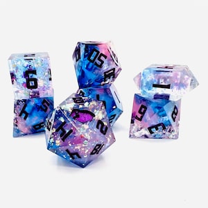 Purple Blue Clear Handmade Full Polyhedral Dice Set DnD Dungeons and Dragons rpg Game Mtg Owl Symbol Sharp Corners Resin