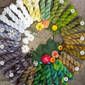 May include: A collection of 18 skeins of yarn in various shades of green, gray, and yellow. The yarn is arranged in a circle with numbers 1 through 18 labeling each skein.