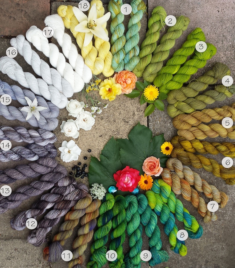 May include: A collection of 18 skeins of yarn in various shades of green, gray, and yellow. The yarn is arranged in a circle with numbers 1 through 18 labeling each skein.