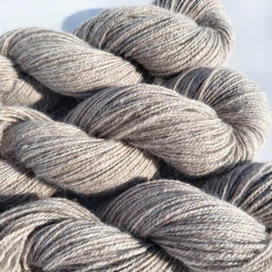 May include: A skein of yarn in a light brown color with a subtle fleck of darker brown. The yarn is soft and fluffy, and it is perfect for knitting or crocheting.