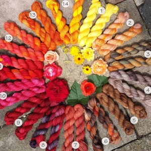 May include: A collection of 14 skeins of yarn in various shades of red, orange, yellow, brown, and gray. The yarn is arranged in a circle with the numbers 1 through 14 written on each skein.