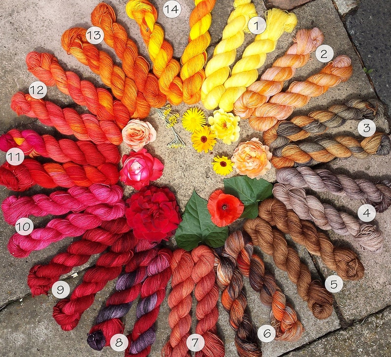 May include: A collection of 14 skeins of yarn in various shades of red, orange, yellow, brown, and gray. The yarn is arranged in a circle with the numbers 1 through 14 written on each skein.
