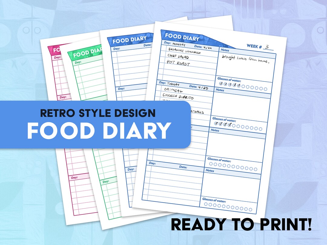 Retro Style Printable Digital Food Diary Page Template A4 Size Ready to
