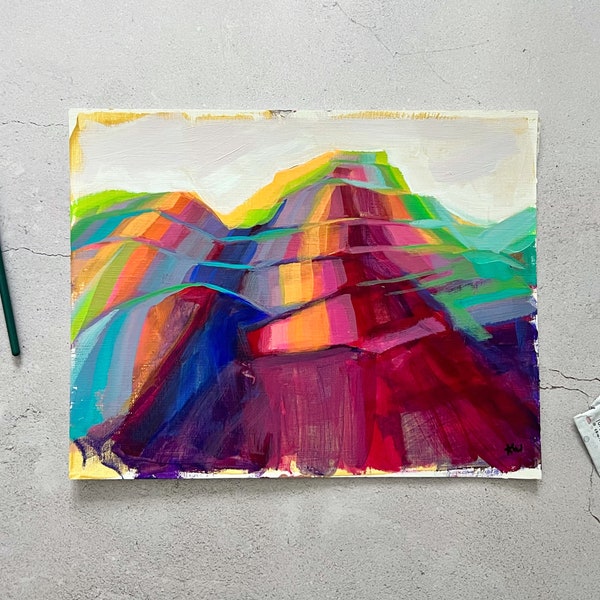 Original Painting ‘Magenta Mountain’ Sketch, Rocky Mountain Acrylic Abstract Contemporary Original Art 9x12 on Canvas Paper