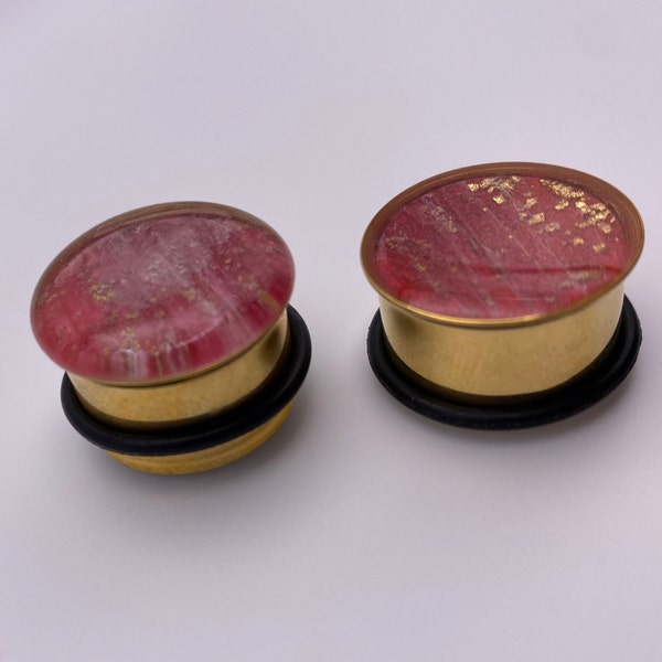 DISCOUNTED: 3/4" (19mm) single flare gold tunnels with red and gold marbled finish (SF-G RED #2)