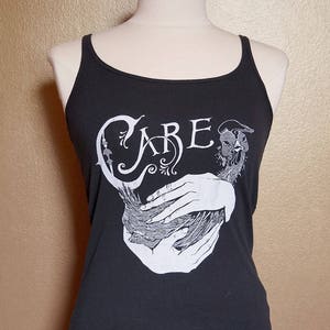 Small &quot;Care&quot; Tank, White Ink on Black