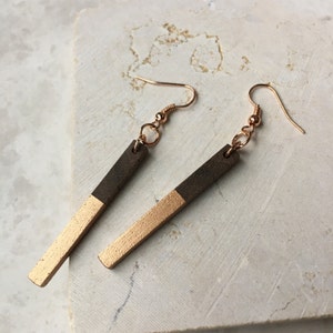 Thin Wood Bar Earrings Gold Paint, Lightweight and Beautiful Long Dangle Earrings